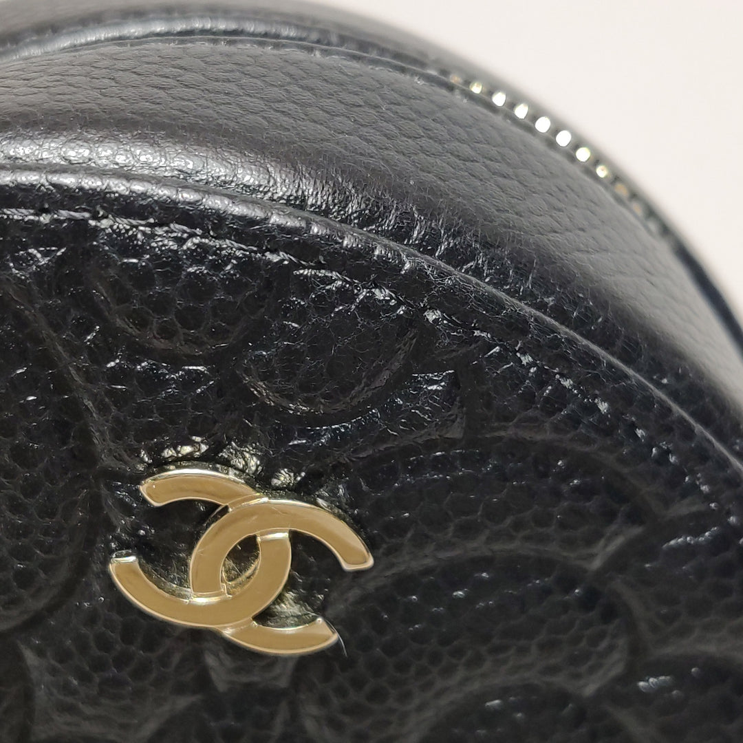 Chanel Camellia Round Clutch with Chain Mini Caviar Black Gold Hardware