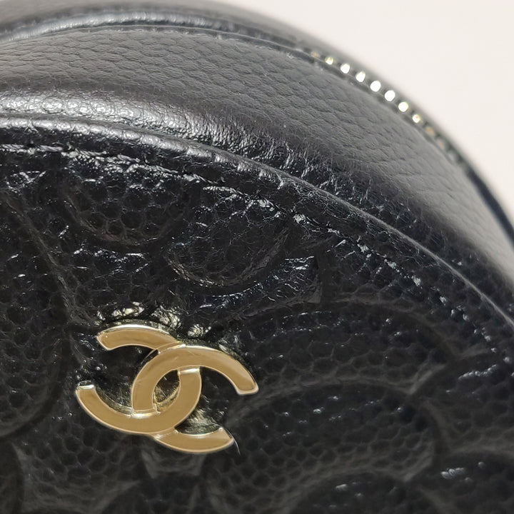 Chanel Camellia Round Clutch with Chain Mini Caviar Black Gold Hardware