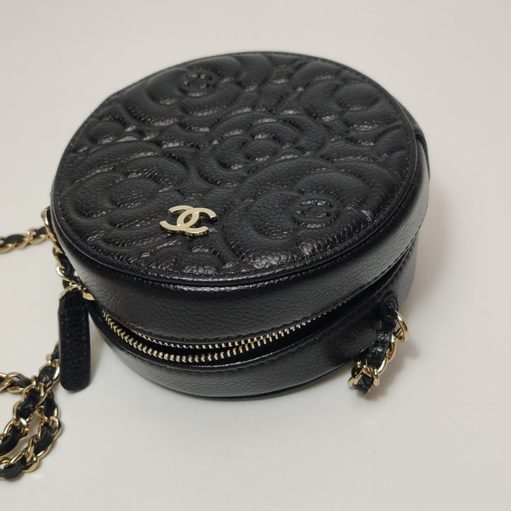 Chanel Camellia Round Clutch with Chain Mini Caviar Black Gold Hardware