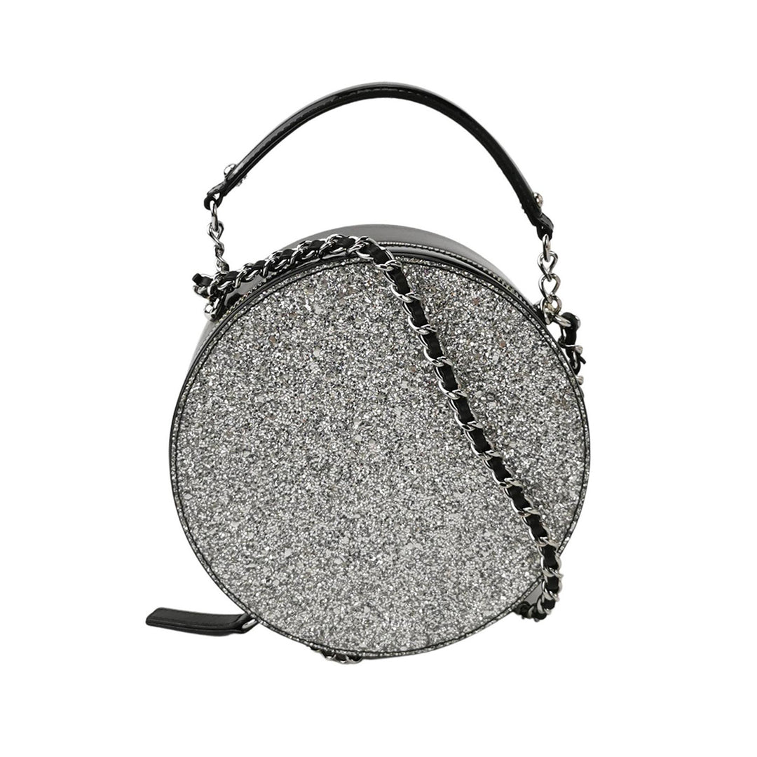 Chanel Round Chain Shoulder Bag Small Metallic Silver Leather Silver Hardware