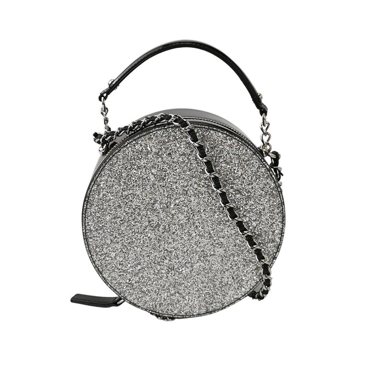 Chanel Round Chain Shoulder Bag Small Metallic Silver Leather Silver Hardware