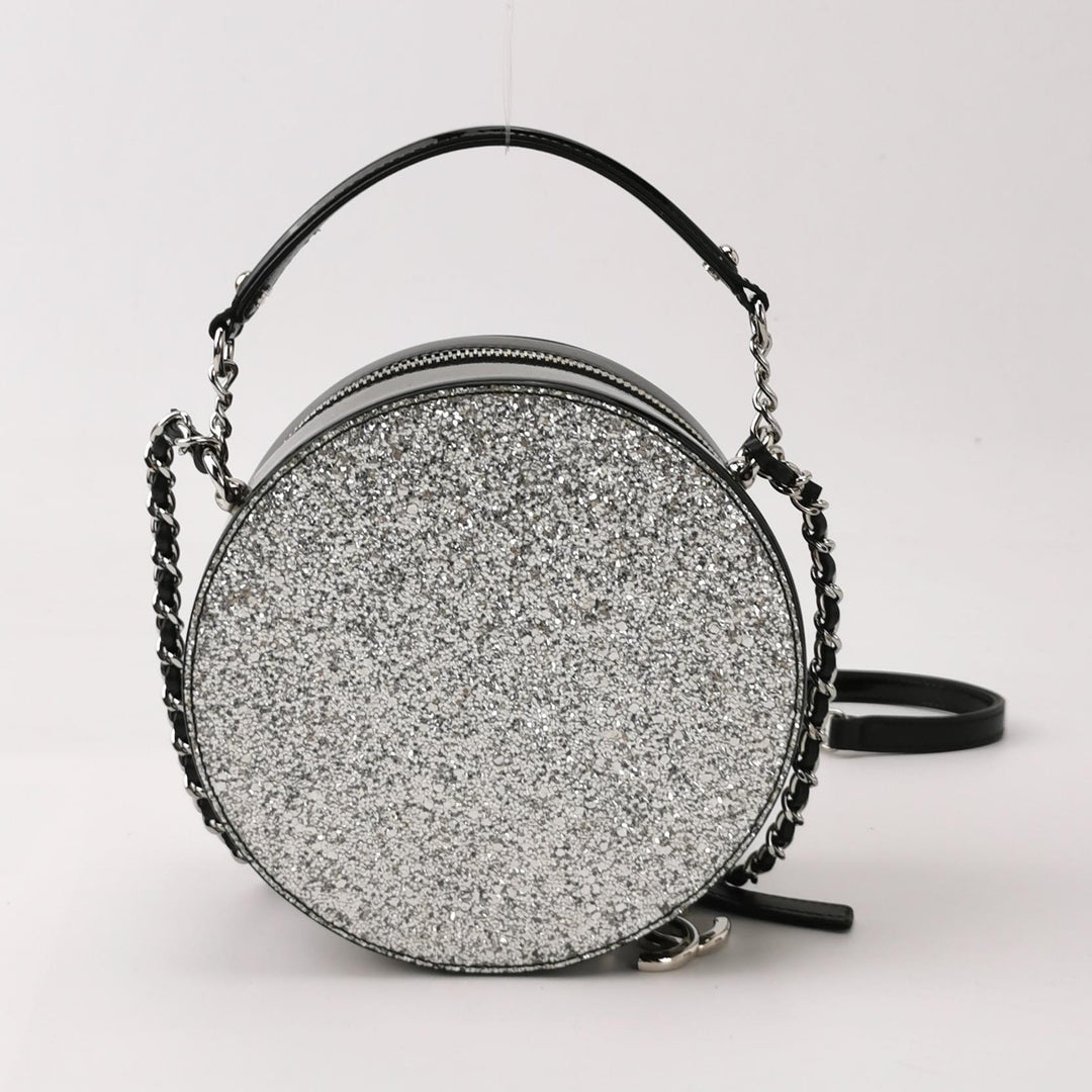 Chanel Round Chain Shoulder Bag Small Metallic Silver Leather Silver Hardware