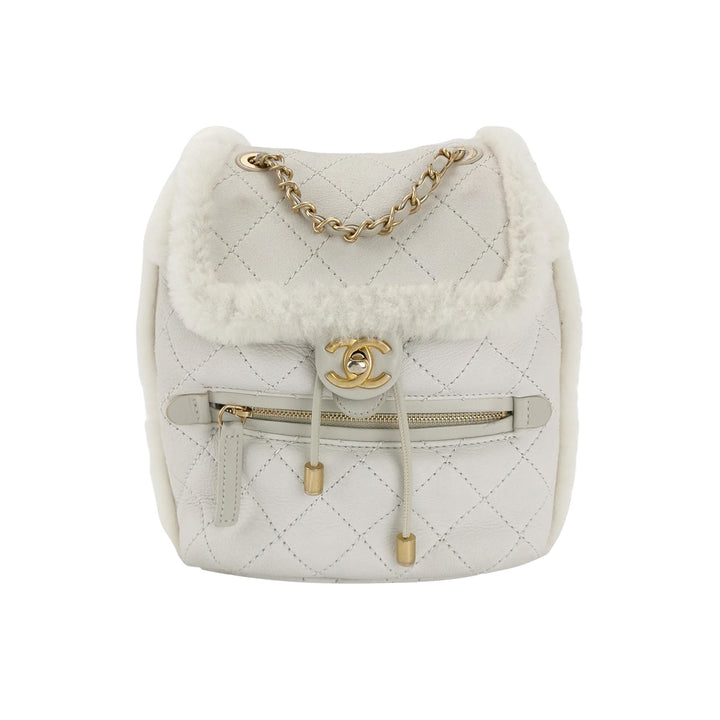Chanel White Gold Hardware Shearling Backpack
