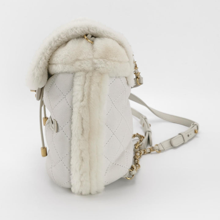 Chanel White Gold Hardware Shearling Backpack