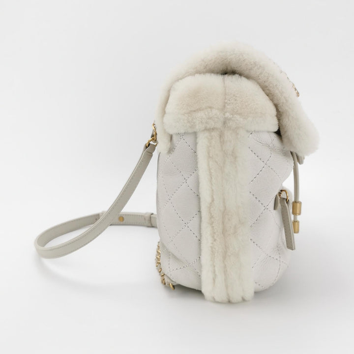 Chanel White Gold Hardware Shearling Backpack
