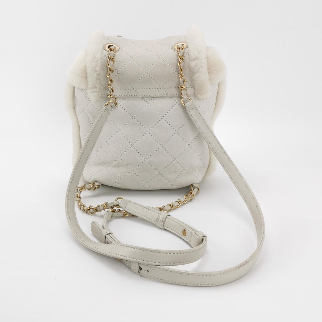 Chanel White Gold Hardware Shearling Backpack