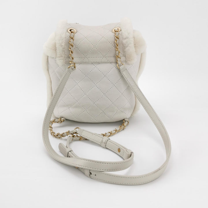 Chanel White Gold Hardware Shearling Backpack