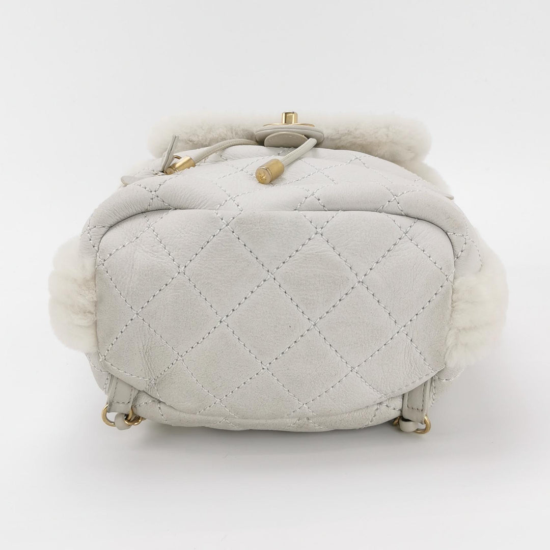 Chanel White Gold Hardware Shearling Backpack
