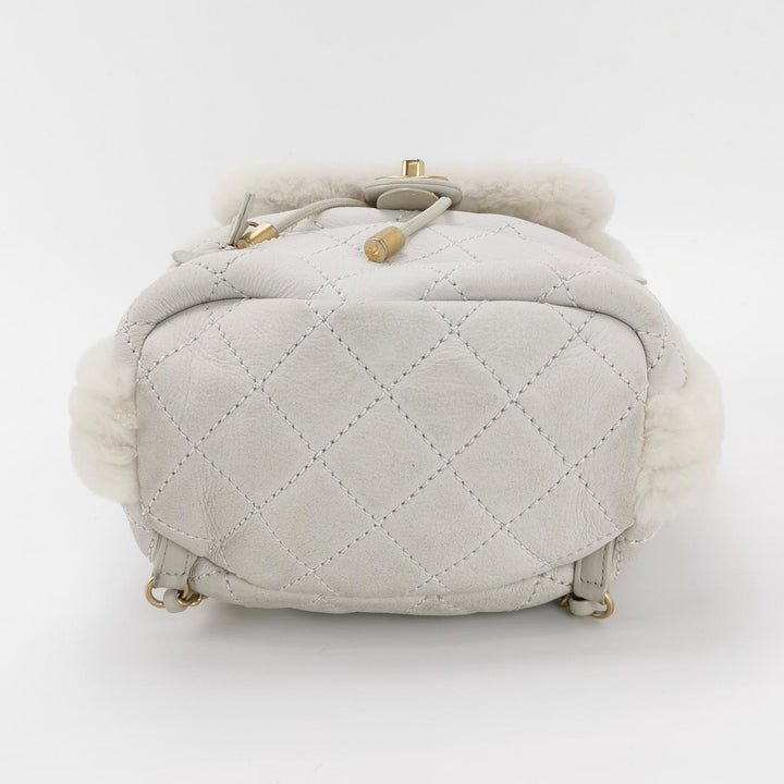 Chanel White Gold Hardware Shearling Backpack