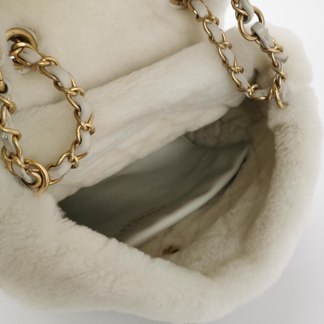 Chanel White Gold Hardware Shearling Backpack
