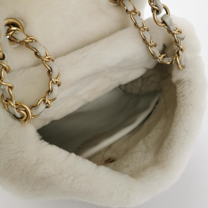 Chanel White Gold Hardware Shearling Backpack