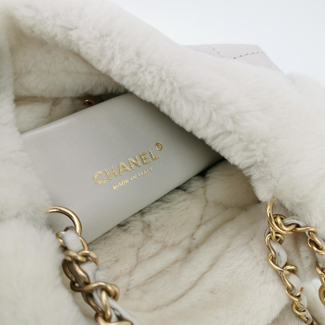 Chanel White Gold Hardware Shearling Backpack