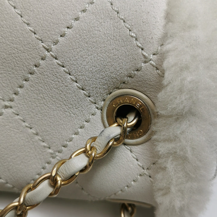 Chanel White Gold Hardware Shearling Backpack