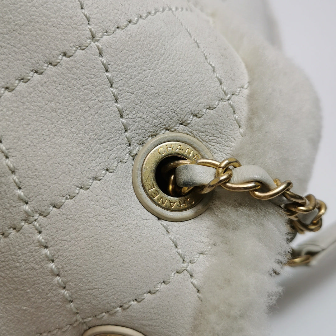 Chanel White Gold Hardware Shearling Backpack