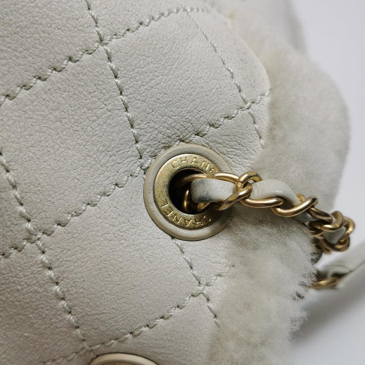 Chanel White Gold Hardware Shearling Backpack
