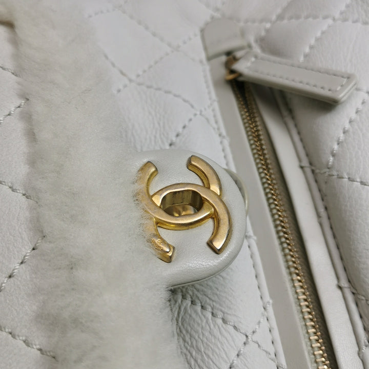 Chanel White Gold Hardware Shearling Backpack