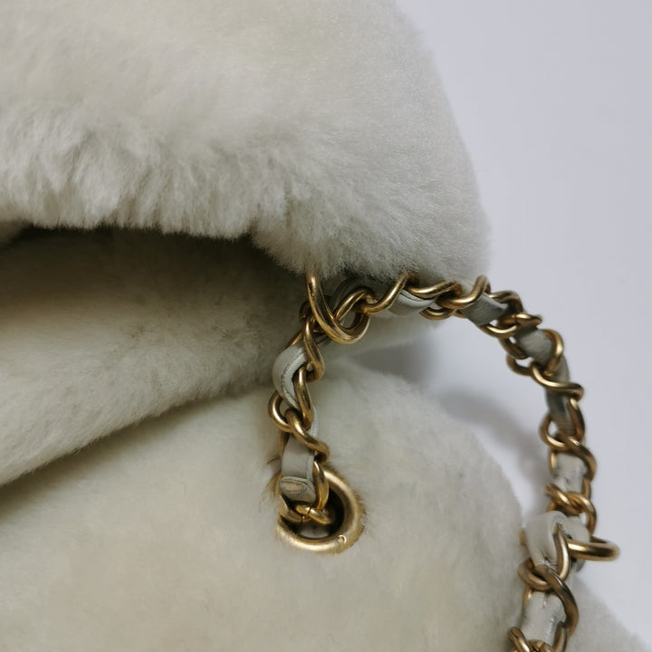 Chanel White Gold Hardware Shearling Backpack