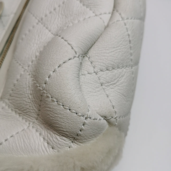 Chanel White Gold Hardware Shearling Backpack