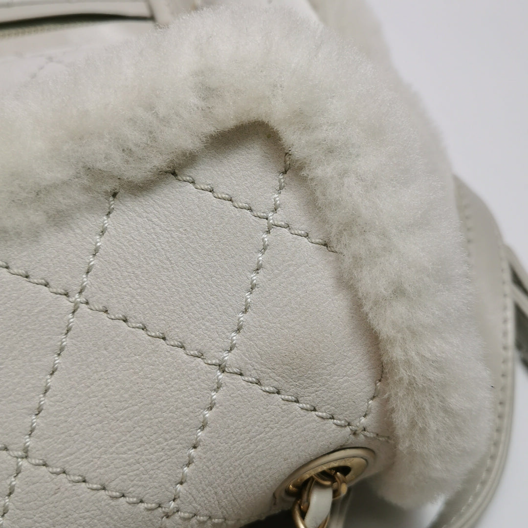 Chanel White Gold Hardware Shearling Backpack
