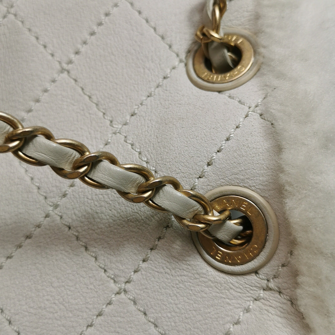 Chanel White Gold Hardware Shearling Backpack