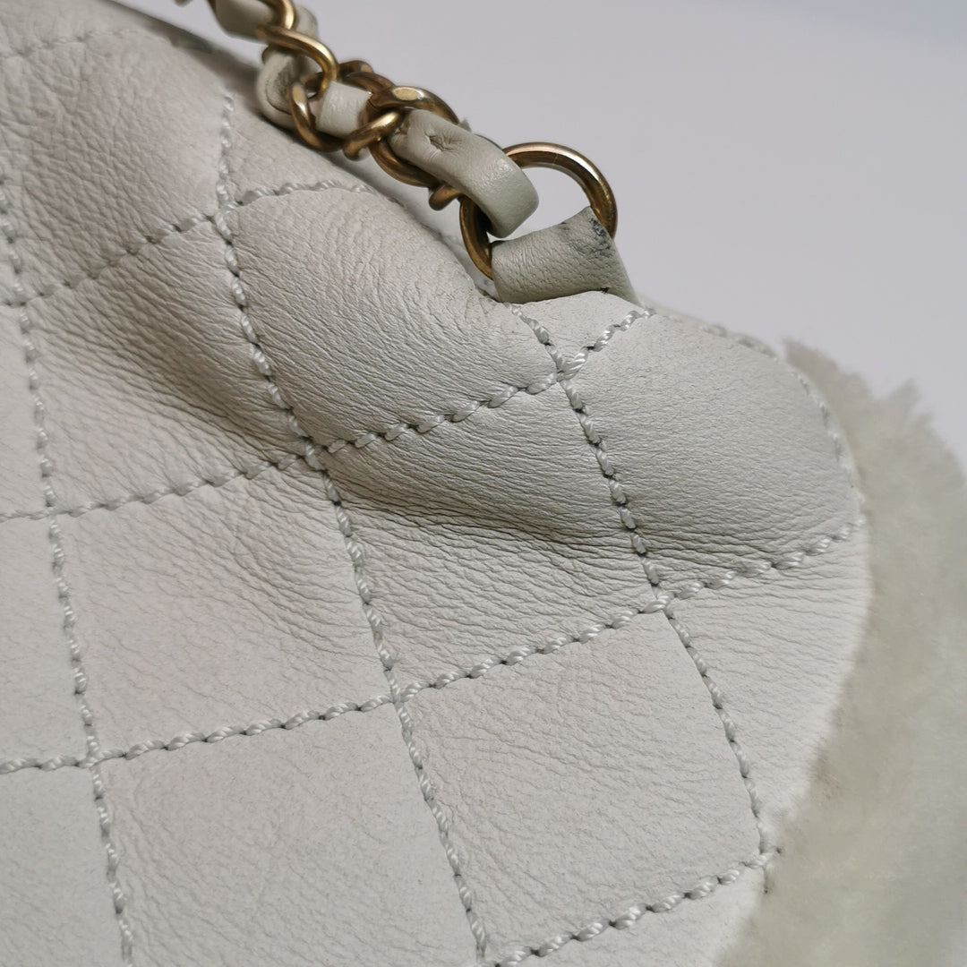 Chanel White Gold Hardware Shearling Backpack
