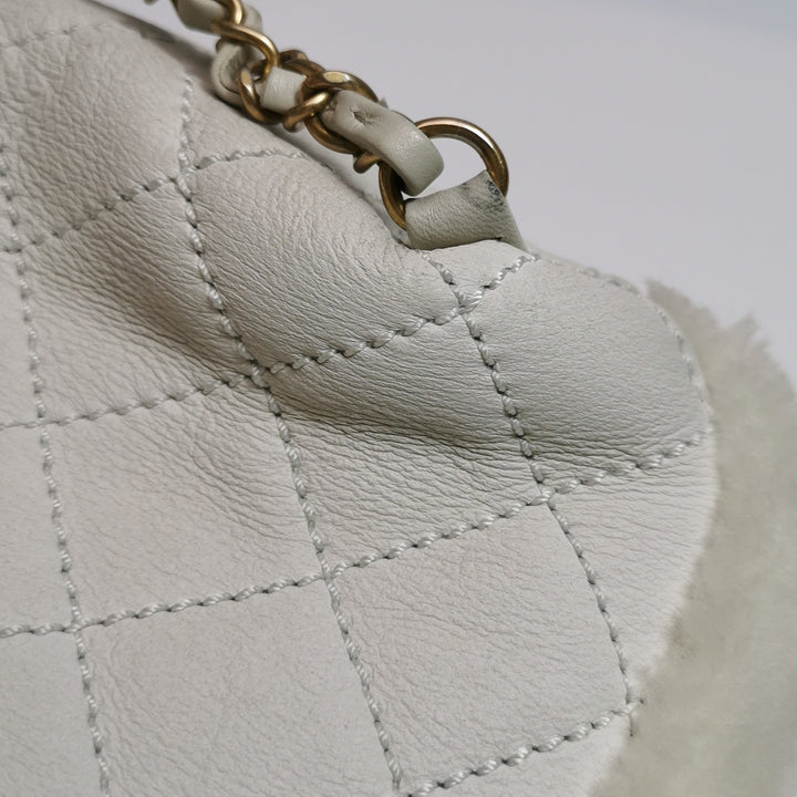 Chanel White Gold Hardware Shearling Backpack