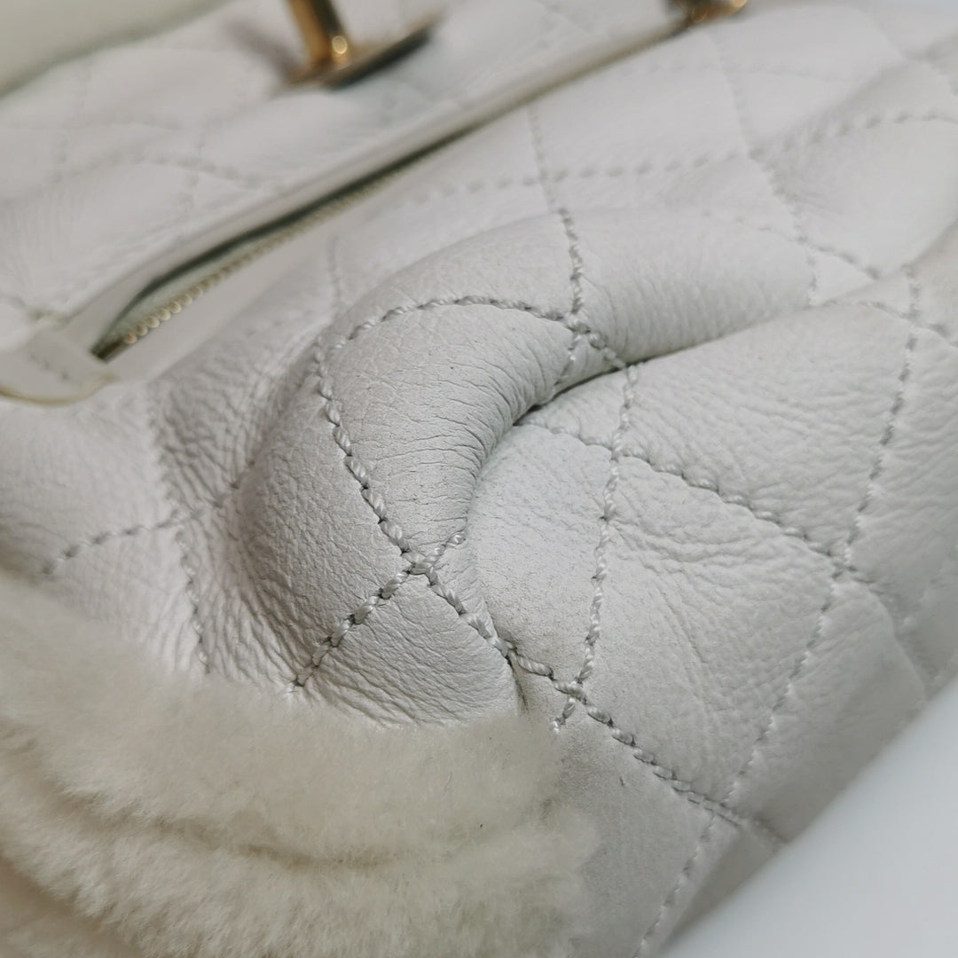 Chanel White Gold Hardware Shearling Backpack