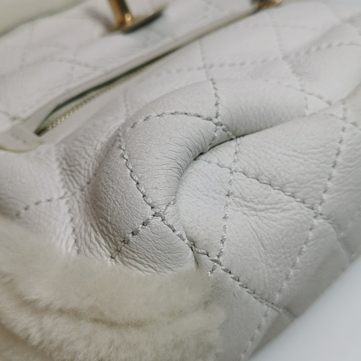 Chanel White Gold Hardware Shearling Backpack
