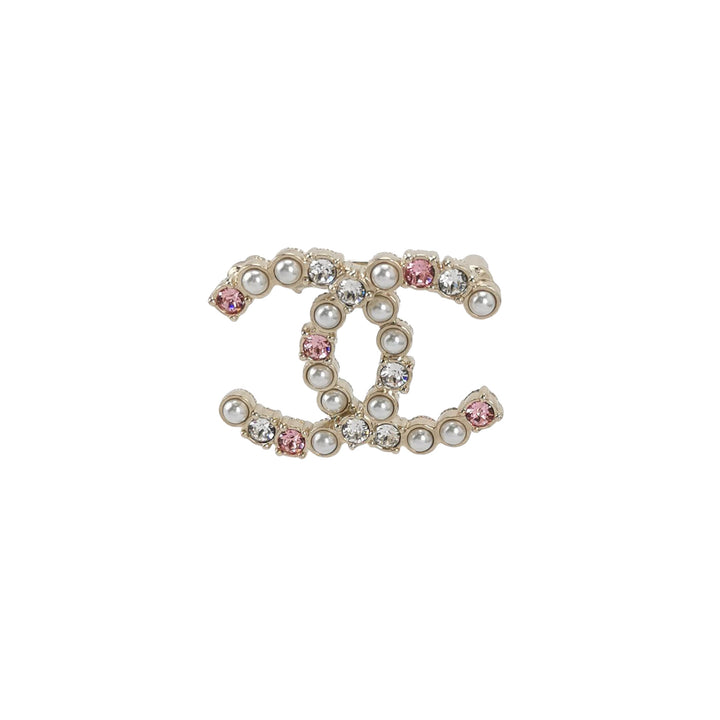Chanel A23C Pink Crystal Pearl CC Logo Pin Brooch