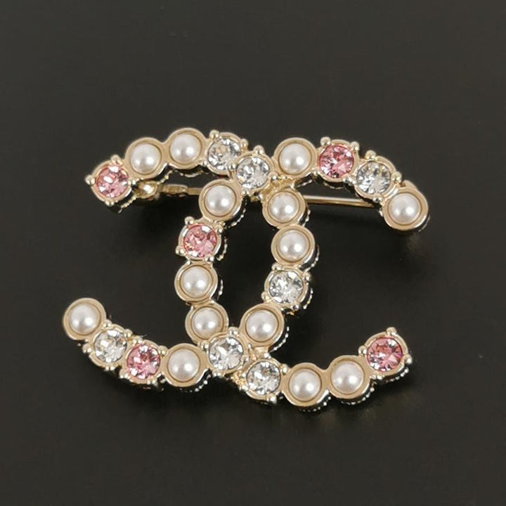 Chanel A23C Pink Crystal Pearl CC Logo Pin Brooch