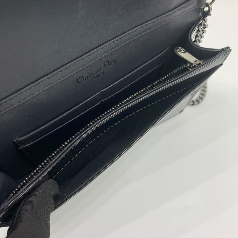 Dior Metallic Black / Grey Micro Cannage Patent Leather Diorama Wallet On Chain Bag