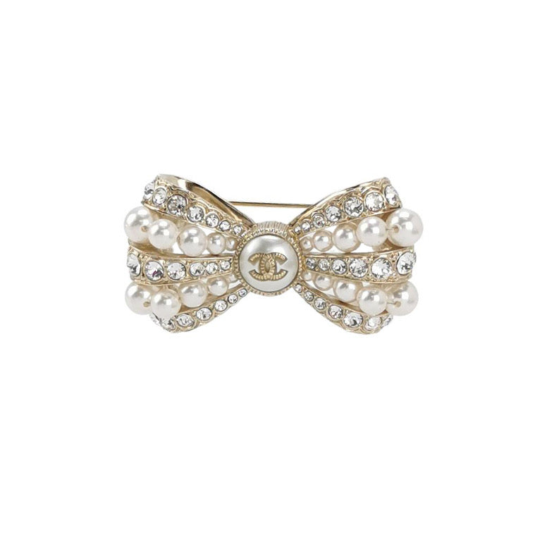 Chanel Bow White Pearls Crystals Brooch