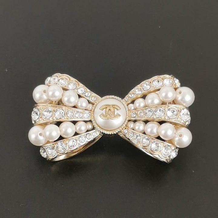Chanel Bow White Pearls Crystals Brooch