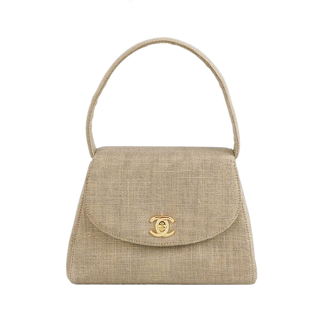 Chanel Vintage Gold Linen Mini Top Handle Half-moon Flap Gold Hardware 1997-1999