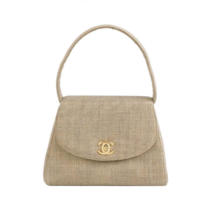 Chanel Vintage Gold Linen Mini Top Handle Half-moon Flap Gold Hardware 1997-1999