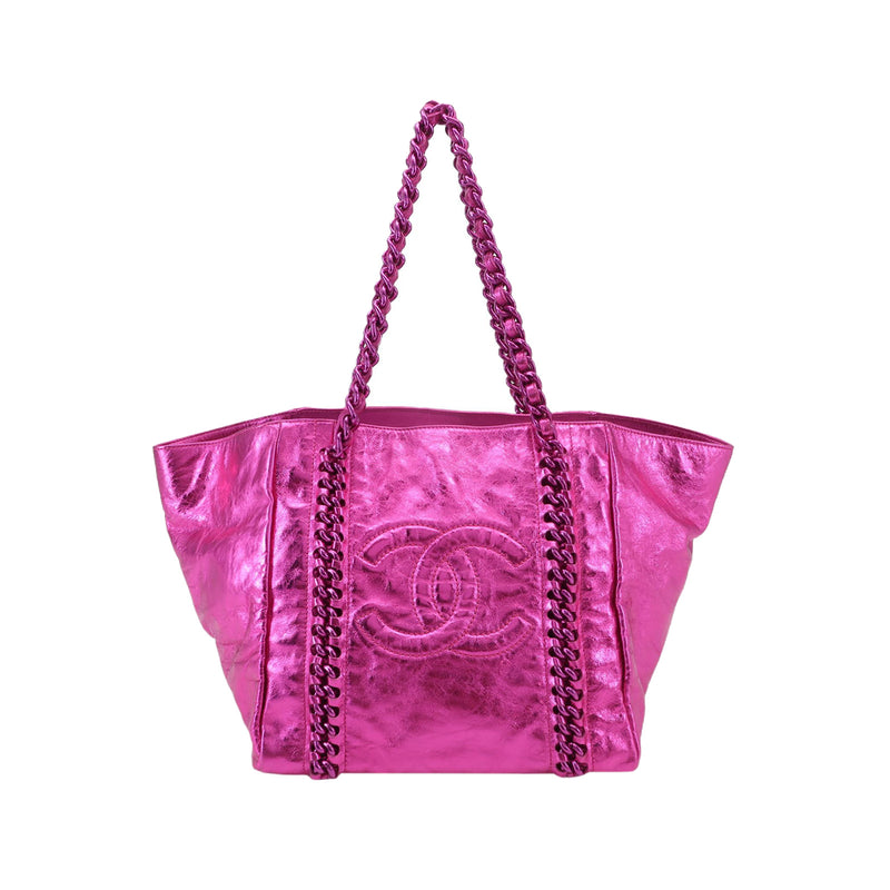 Chanel Modern Chain Tote Large Metallic Cracked Calfskin Fuchsia Pink