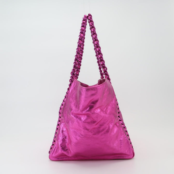 Chanel Modern Chain Tote Large Metallic Cracked Calfskin Fuchsia Pink