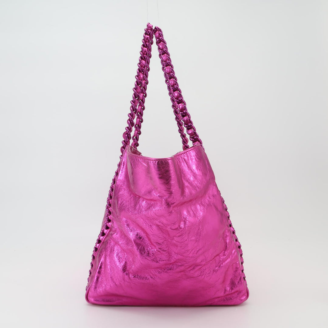 Chanel Modern Chain Tote Large Metallic Cracked Calfskin Fuchsia Pink