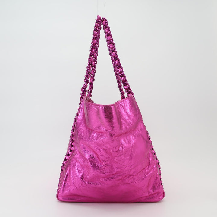 Chanel Modern Chain Tote Large Metallic Cracked Calfskin Fuchsia Pink