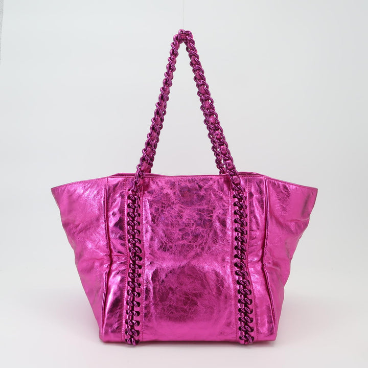 Chanel Modern Chain Tote Large Metallic Cracked Calfskin Fuchsia Pink
