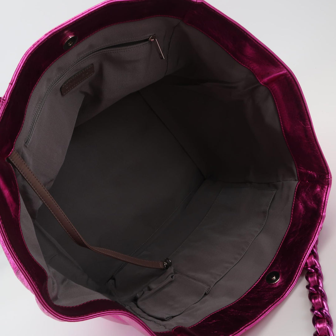 Chanel Modern Chain Tote Large Metallic Cracked Calfskin Fuchsia Pink