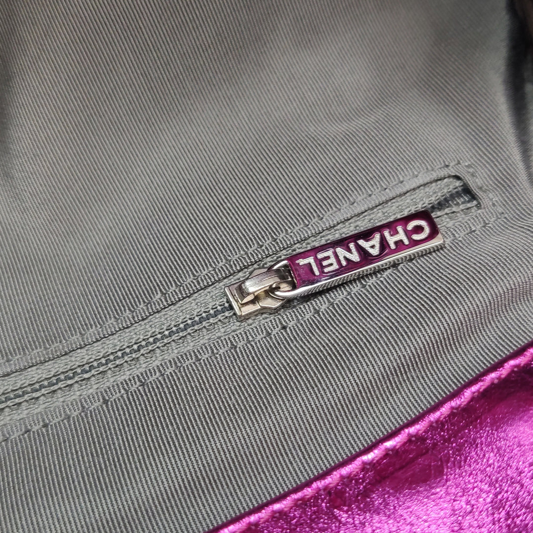 Chanel Modern Chain Tote Large Metallic Cracked Calfskin Fuchsia Pink