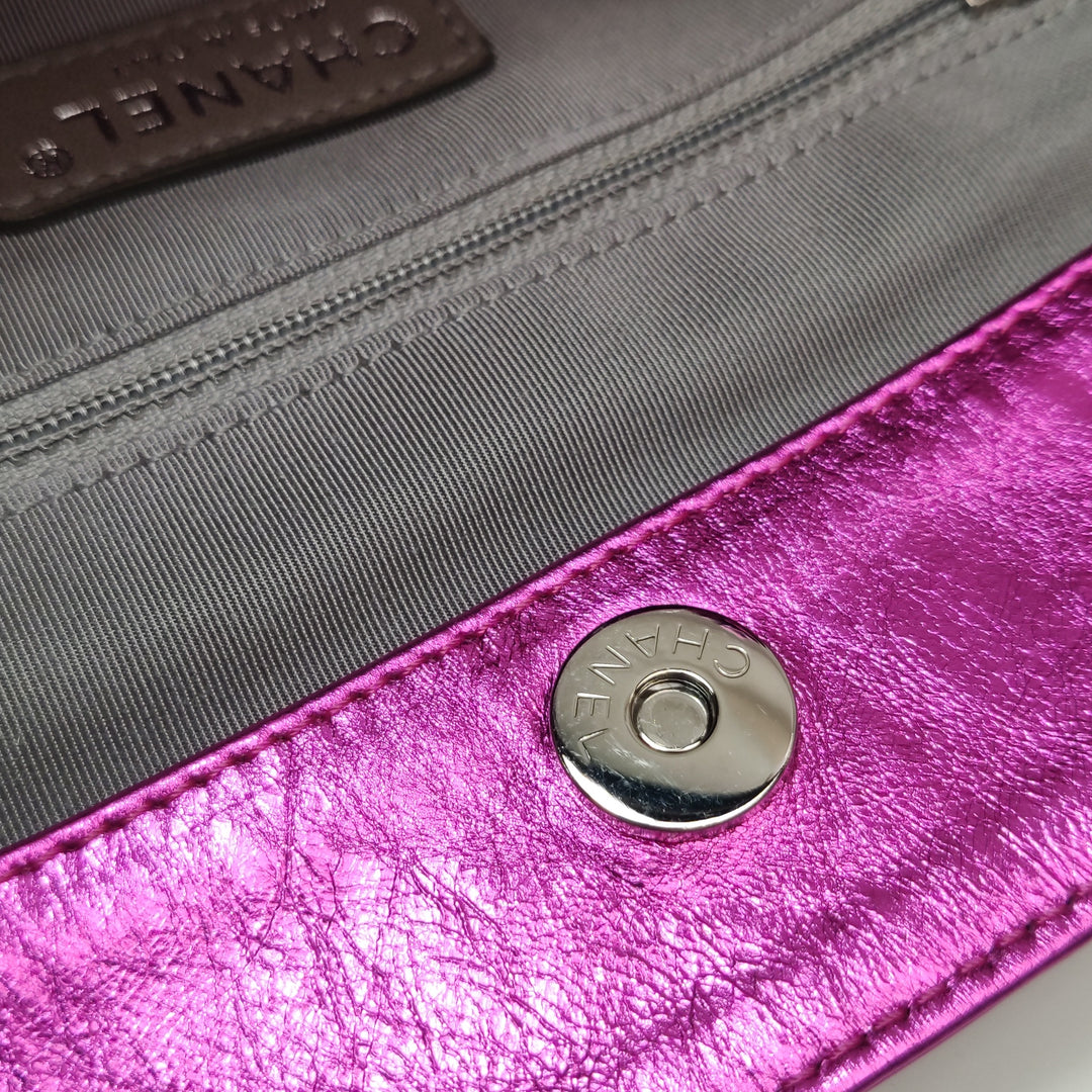 Chanel Modern Chain Tote Large Metallic Cracked Calfskin Fuchsia Pink