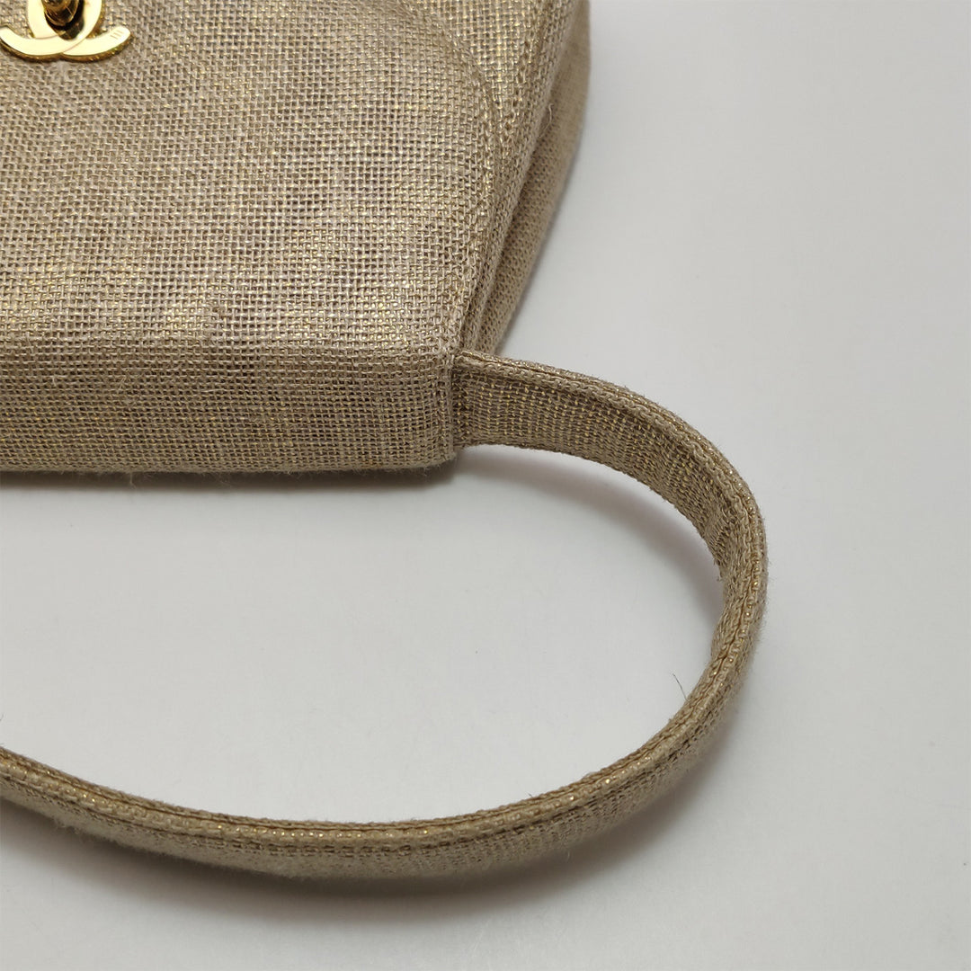 Chanel Vintage Gold Linen Mini Top Handle Half-moon Flap Gold Hardware 1997-1999