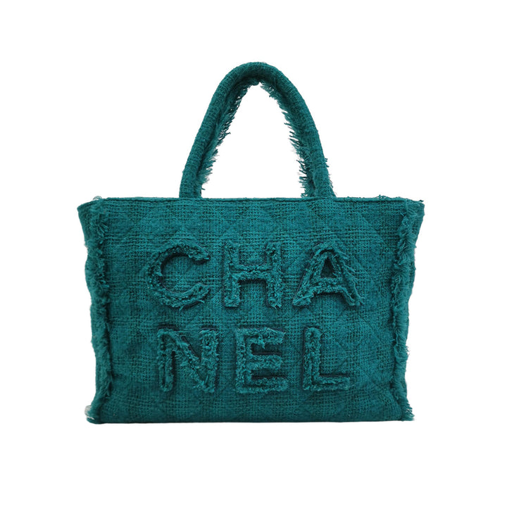 Chanel Giant Logo Shopping Tote Large Tweed Green