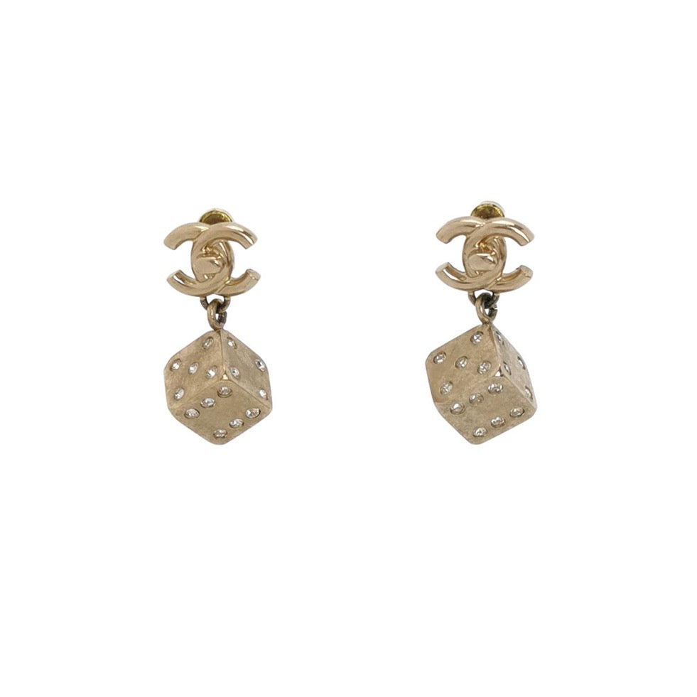 Chanel CC Logo Dice Gold Dangle Earrings