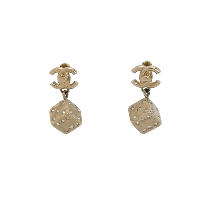 Chanel CC Logo Dice Gold Dangle Earrings