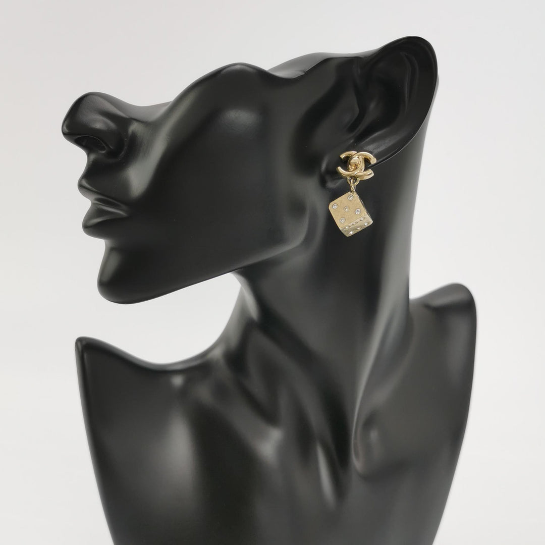 Chanel CC Logo Dice Gold Dangle Earrings