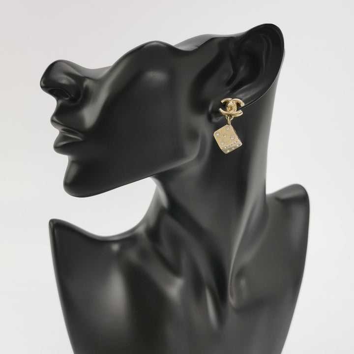 Chanel CC Logo Dice Gold Dangle Earrings