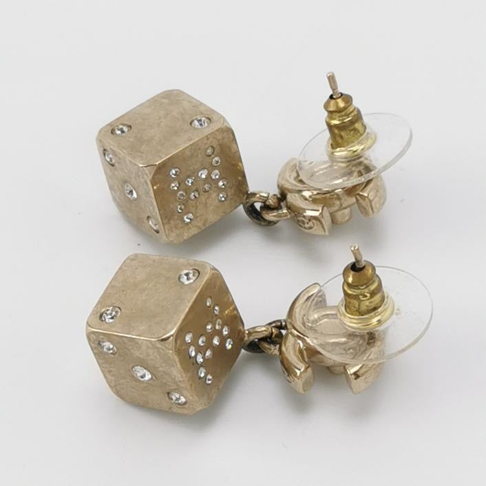 Chanel CC Logo Dice Gold Dangle Earrings
